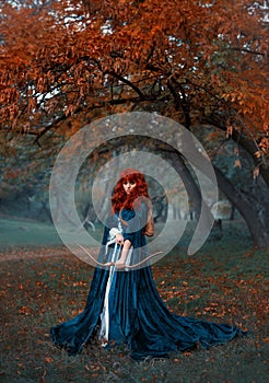 A mysterious red-haired warrior girl stands guard over her land, a brave princess holds a bow and arrows, preparing for