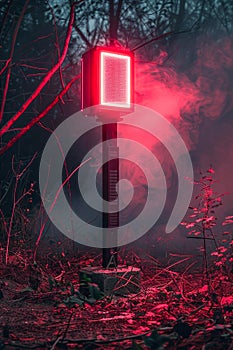 Mysterious Red Neon Light in Misty Forest at Twilight Creepy Atmospheric Outdoor Lighting in a Natural Eerie Setting