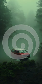 Mysterious Red Volkswagen Van In The Fog: Cinematic Ambulance Still Shot