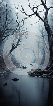 Mysterious River Flowing Through Enchanting Forest - A Macabre Romanticism