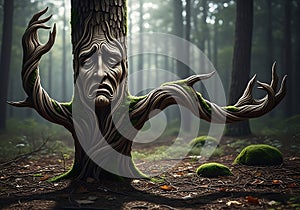 Mysterious sad tree creature in enchanted forest