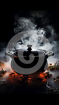 Mysterious simmer Steam rises from a pot in a dark logo