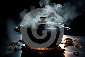 Mysterious simmer Steam rises from a pot in a dark logo