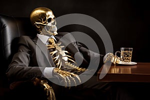 Mysterious Skeleton gold suit dark. Generate Ai