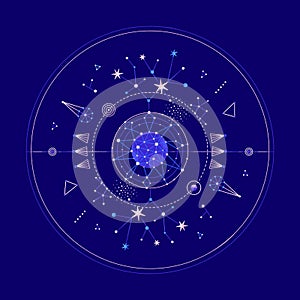 Mysterious space round composition with planets and stars. Vector illustration on theme of astrology, astronomy