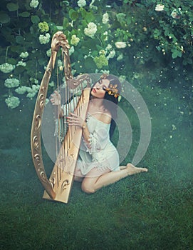 Mysterious spirit of the forest plays on a golden fairy harp