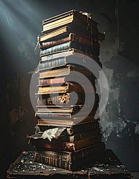 Mysterious Stack of Old Books in Dramatic Light