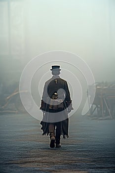 mysterious steampunk man walking down a Edwardian era street in the fog.