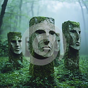 mysterious stone faces in lush forest