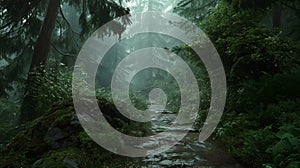 Mysterious stone path in misty forest photo
