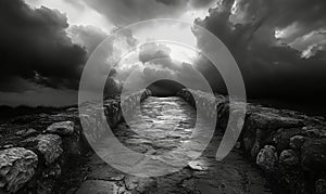 Mysterious stone pathway leading into dark, stormy clouds, evoking a sense of intrigue and foreboding photo