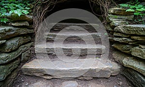 Mysterious stone steps leading into a dark forest
