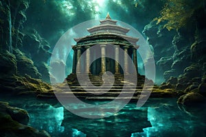 Mysterious stone temple surrounded with mystic lake and universe