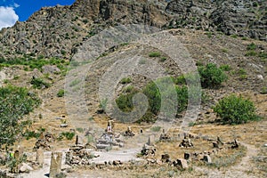 Mysterious stones at Cape Meganom, the east coast of the peninsula of Crimea. Signs of religion concept.