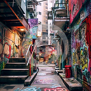 Mysterious Street in Hong Kong with Vibrant Colors and Stunning Street Art