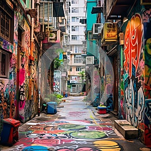 Mysterious Street in Hong Kong with Vibrant Colors and Stunning Street Art