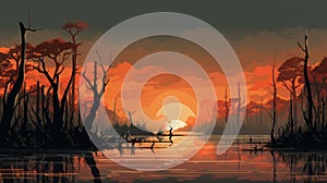 Mysterious Sunset Over Swamp: A Retro 8-bit Mangrove Forest Fireman\'s Scene