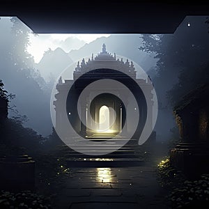 Mysterious temple gate in a foggy forest. 3D Rendering Generative AI