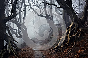 Mysterious trail winding through a foggy forest with ancient gnarled trees and exposed roots