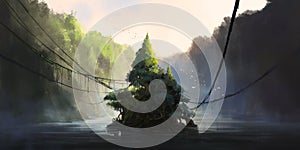 Mysterious tree on the island in the middle of the lake, 3D illustration