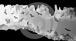 Mysterious underground cave whith flying bats black and white simple silhouette vector illustration. The cavern inside