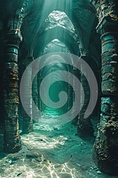 Mysterious Underwater Ruins, Ancient Sunken Temple, Submerged Architectural Wonder, Enigmatic Aquatic Structure, Forgotten photo