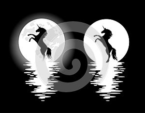 Mysterious unicorn horse and full moon water reflection black and white vector design