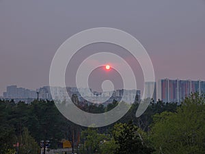 Mysterious urban sunset in Kyiv, Ukraine