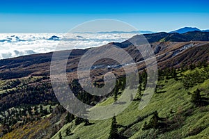 A mysterious view of Mt. Kusatsu-Shirane on the plateau of Japan.