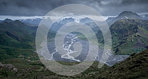 Mysterious view of volcanic icelandic landscape from the top of Valahnukur hill in Thorsmork valley in the southern