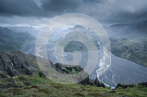 Mysterious view of volcanic icelandic landscape from the top of Valahnukur hill in Thorsmork valley in the southern