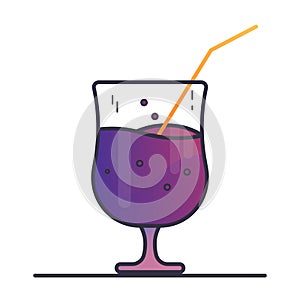 Mysterious violet-pink cocktail. Drink in a glass goblet with a paper straw tube. Outline vector icon