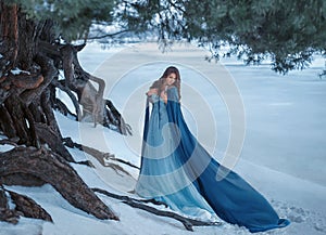 A mysterious wanderer in a luxurious dress and a blue cloak that flutters in the wind. On the background of a frozen