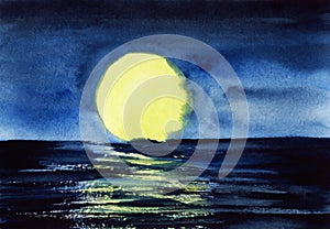Mysterious watercolor landscape of starless night sky with huge full moon hanging over deep dark sea. Calm water surface reflects