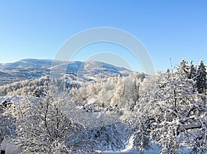 Mysterious winter landscape majestic mountains in winter. Magical winter snow covered tree. Winter road in the mountains. In antic