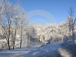 Mysterious winter landscape majestic mountains in winter. Magical winter snow covered tree. Winter road in the mountains. In antic