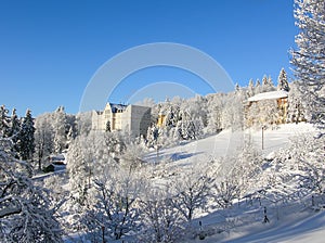 Mysterious winter landscape majestic mountains in winter. Magical winter snow covered tree. Winter road in the mountains. In antic