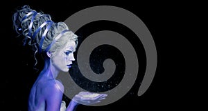 Mysterious Winter Snow Queen woman with white face, stage makeup, creative hairstyle and and cold blue skin on body holds white