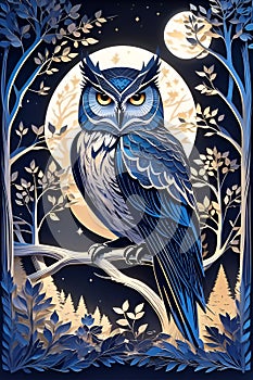 A mysterious wise owl perches on a tree, in a night of full moon, glowing, brautiful, paper_cut, animal art