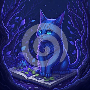 Mysterious witch cat standing at the book in the darkness of the forest Leonardo AI Computer Generated image