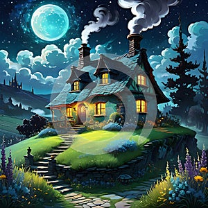 Mysterious witch's house with curling smoke from chimney, magical herbs, moonlit, starry sky, landscape, painting of Van Gogh