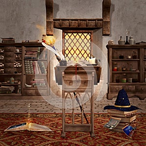 Spellbound antique empty room with a wizard hat photo