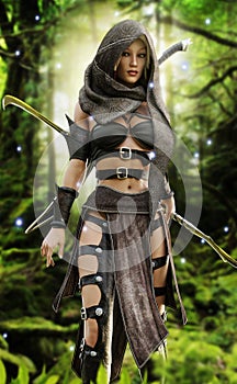 Mysterious wood elf warrior in a mystical forest setting.