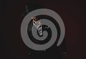 Mysterious young man in tuxedo looking to side on black background