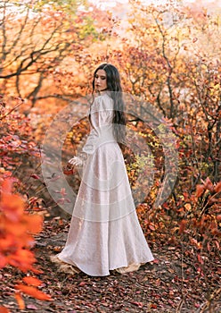 Mystery art portrait fantasy woman queen walking in gothic autumn forest, white vintage style dress. Girl princess long