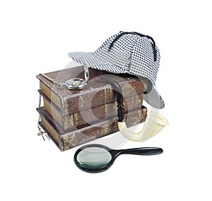 Mystery Books with Hat, Magnifier, Pipe and Pocket Watch