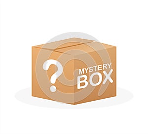 Mystery box. Packaging for concept design. Surprise present. Package design. Help symbol. Question mark icon. Vector stock