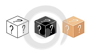 Mystery box or random loot in the cube or gift box with line. Box, package icon in white, black, beige color on an isolated white photo