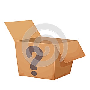 Mystery cardboard box with question, open, present in cartoon style isolated on white background. Funny lucky package