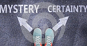 Mystery and certainty as different choices in life - pictured as words Mystery, certainty on a road to symbolize making decision